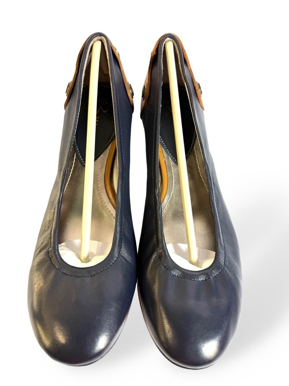 B. Makowsky Navy Leather Ballet Flats with Tan Trim